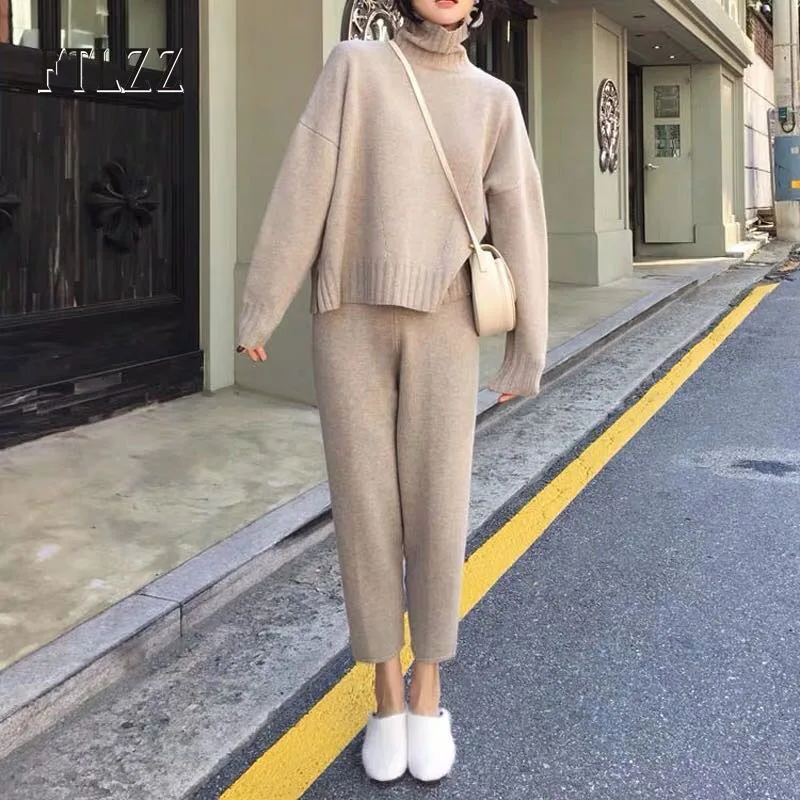

Autumn Winter Two Piece Set Women Casual Turtleneck Sweater + Slim Pants Knitted Suits Woman Fashion Clothes Outfit Street Tracksuit Sets