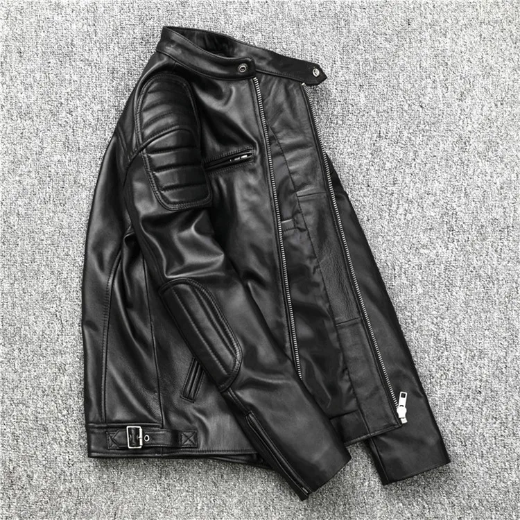 Gratis Verzending. outlet Zachte Schapenvacht. zwart Motor Stijl Leren Jas, Mode Slanke Lederen Jas, Man Plus Size Jas.