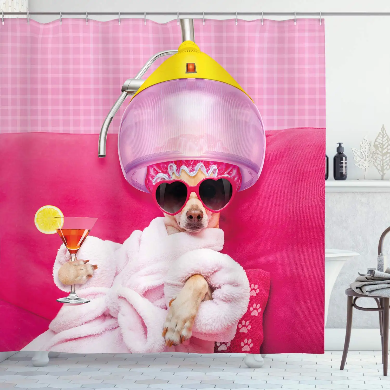 Funny Pink Chihuahua Dog Shower Curtain Relaxing and Lying in Wellness Spa Fashion Puppy Comic Fabric Bathroom Decor Set | Дом и сад