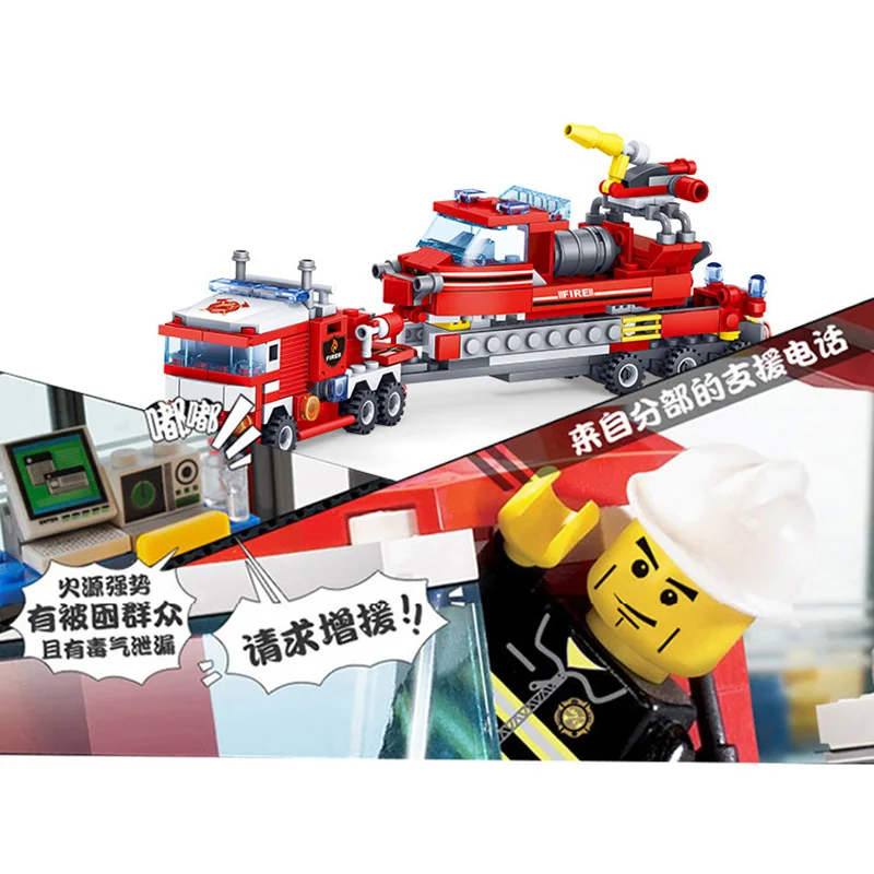 348pcs 4in1 Fire Fighting Trucks Car Helicopter Boat Building Blocks compatible legoingly City Firefighter Bricks children Toys