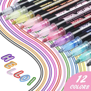 

12 Colors Metallic Glitter Colorful Color Outline Marker Kawaii Art Marker Double Line Pen for Drawing School Supplies Art Pen