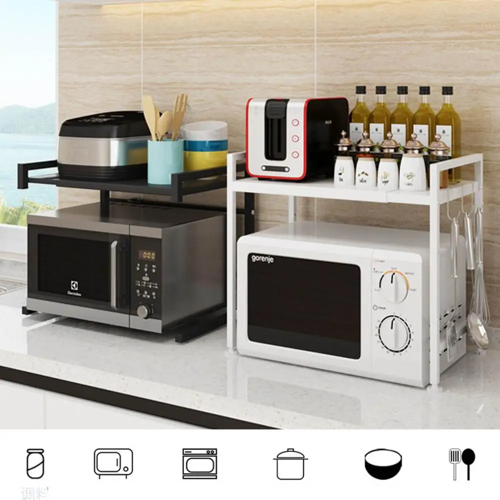 Microwave Oven Rack Stand Carbon Steel Retractable Storage Rack Kitchen Cabinet Counter Shelf Organiser Black 67.8 x 30 x 43cm Microwave Oven Shelf