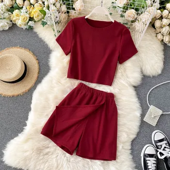 

Casual Knitted 2pcs Set Women Short Sleeve Round Neck Short Tops + Wide Leg Shorts Sports Female Two Piece Sets Suit 2020 New