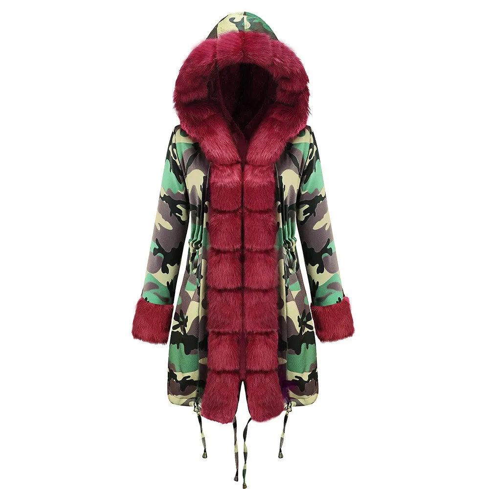 Зимняя женская длинная теплая Толстая парка, пальто, модная женская тонкая куртка из искусственного меха, камуфляжное пальто с капюшоном - Цвет: Многоцветный