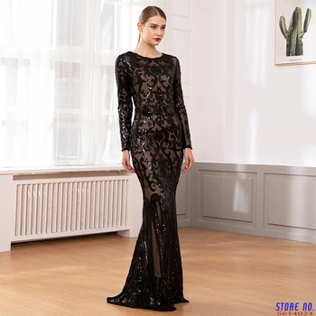 

Elegant Vestido Full Sleeved Maxi Dress Black Sequined Party Dress Stretch Floor Length Bodycon Maxi Dress