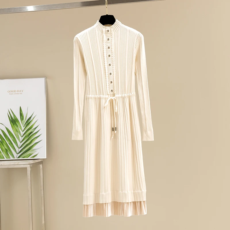 Apricot L6566 GIGOGOU, зимнее женское платье, трикотажное, длинное, прямое, макси платье, кружево, толстая водолазка, женский свитер, утягивающий халат, плиссированные платья - Цвет: Apricot L6566