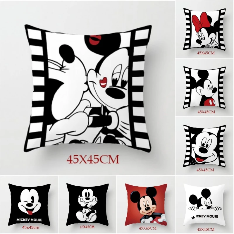 Disney blanc noir Mickey Minnie Mouse housse de coussin mignon taies d'oreiller décoratives sur lit canapé bébé enfants cadeau d'anniversaire 45x45cm