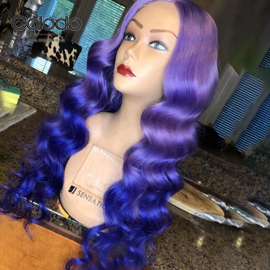 Colodo фиолетовый Синтетические волосы на кружеве парики синий эффектом деграде(переход от темного к парик человеческих волос 13x4 Реми бразильские пучки волос глубокая волна прозрачные кружевные парики для Для женщин