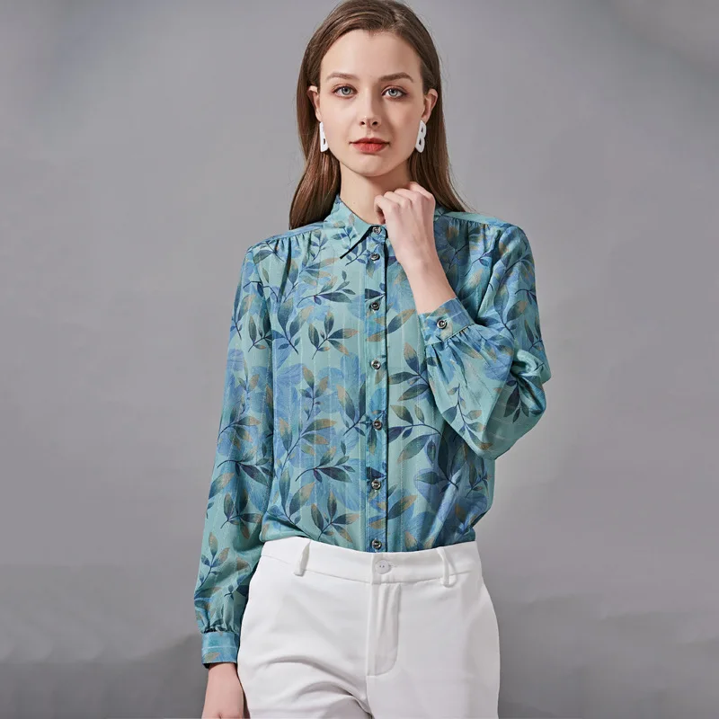 

Women's Blouses and Tops Silk blue leaves Floral Office Formal Casual Shirts Plus Large Size Spring Summer Sexy Haut Femme