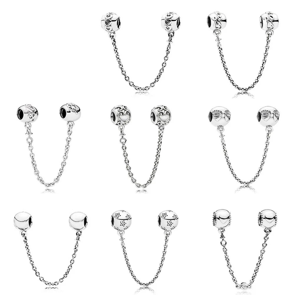 

8 Style Fit Original Pandora S925 Sterling Silver Safety Chain Charm Beads For Women Bracelet Bangles DIY Fashion Jewelry Gift
