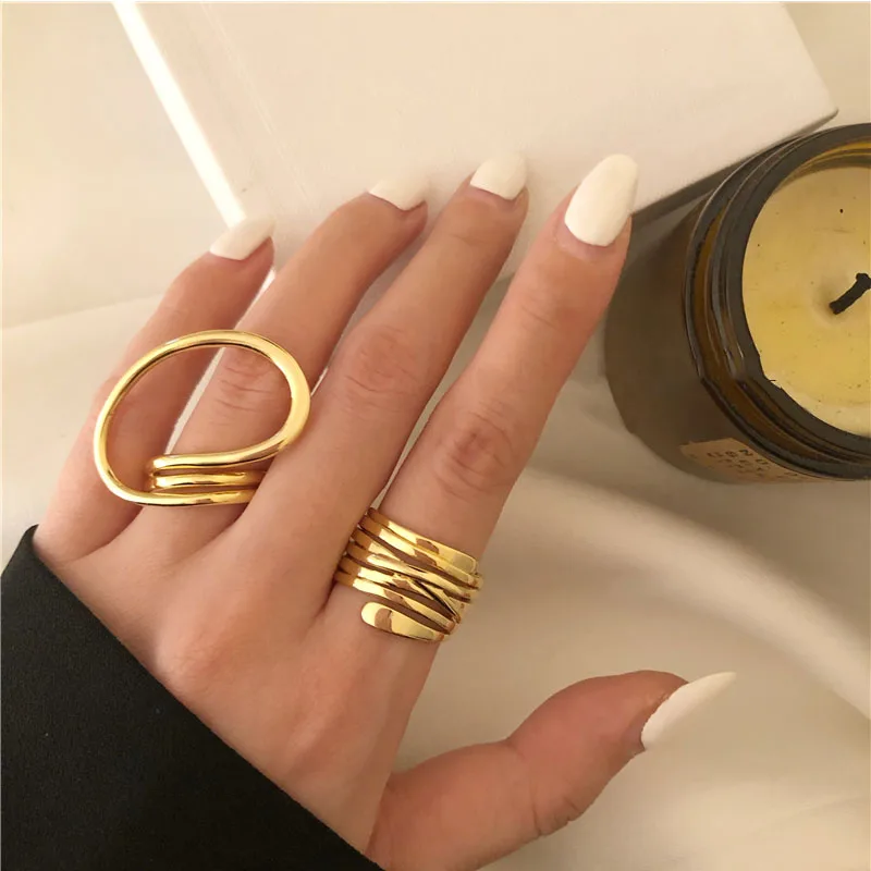 HUANZHI 2020 New Cool Hollow Out Geometry Irregular Distortion Multilayer Cross Twist Metal Ring for Women Girls Party Jewelry
