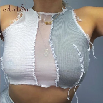 

Artsu Women Sexy Crop Top Lady Sleeveless Striped Patchwork Lace Tanks Clubwear Skinny Vest Female Clothes VE41416