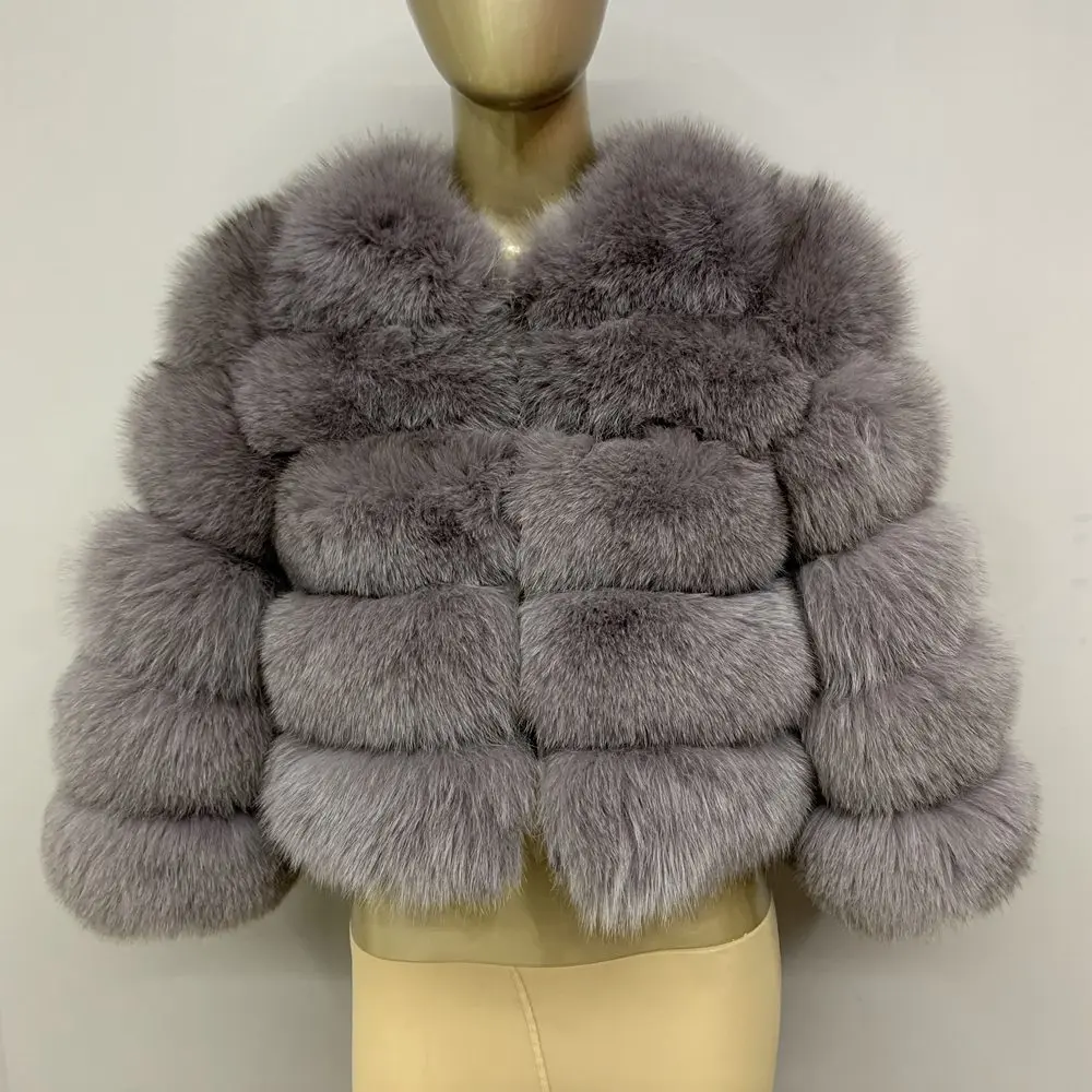 Light gray Новинка, стильное зимнее женское меховое пальто, длина 50 см, настоящая Лисий кожа, куртка, высокое качество, Лисий мех, Круглый ворот, теплая куртка - Цвет: Light gray