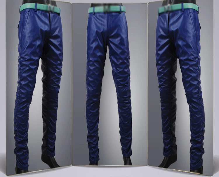 Idopy качество PU зимняя линия сексуальные красные тонкие облегающие мужские кожаные брюки мужские мотоциклетные черные обтягивающие брюки для байкеров кожа Jogger синий