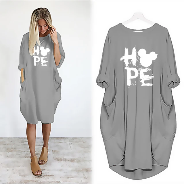 Mickey Mouse Dress for Women Casual Loose Midi Dresses Leopard Print Pocket Vintage Vestido Fall Maxi Clothes Kawaii Robe Femme D002M410 Gray