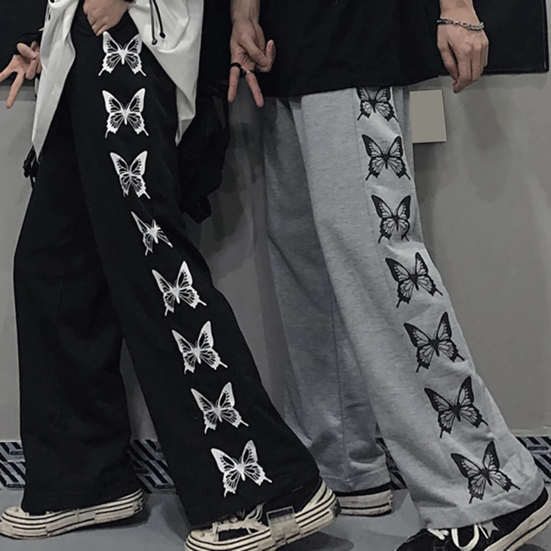 Pantalones Harajuku de pierna ancha para mujer, estampado de mariposa, cintura media, Pantalones suaves para mujer, pantalones sueltos de otoño, pantalones femeninos
