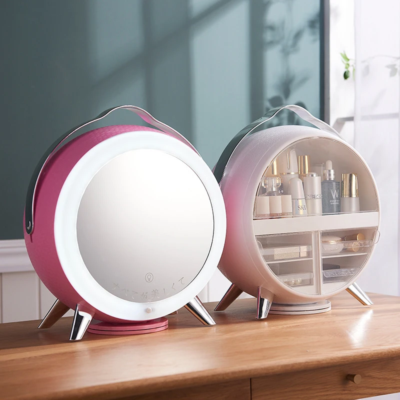 

New Makeup Organizer Dustproof Cosmetic Organizer Mirror 360 ° Rotating Rack With LED Light Cosmetic Storage Box Hot Sale