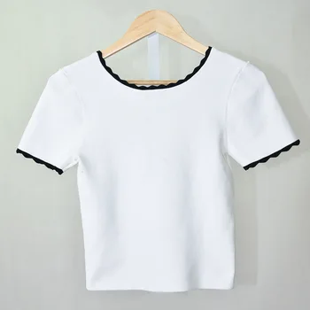 

Women Sweater 2019 Spring and Summer New Striped Short-sleeved Low-neck Sweater