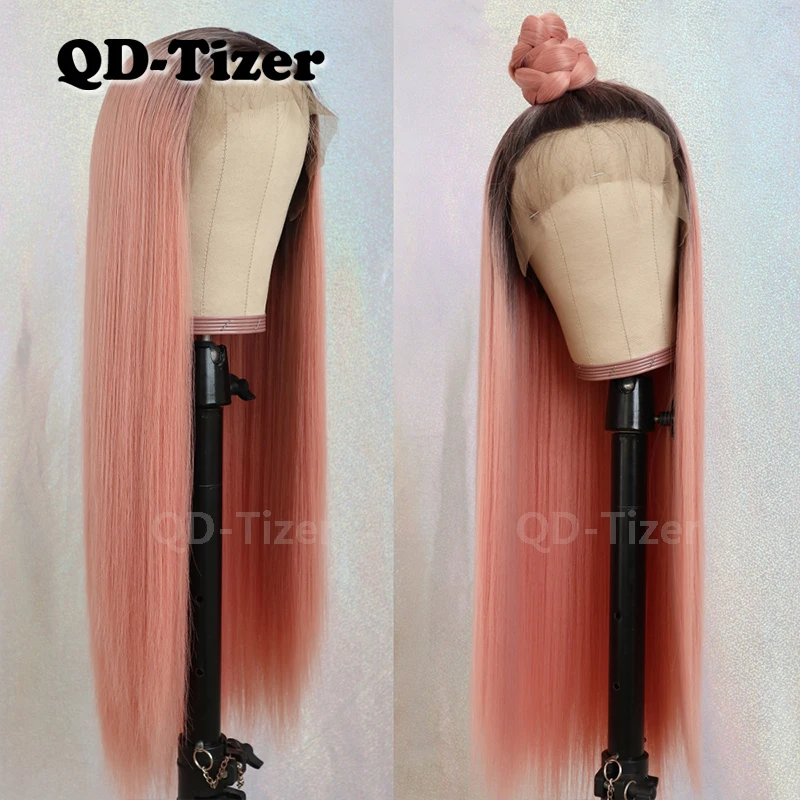 QD Tizer # 1b/Розовый Ombre длинные кружевные парики прямые Glueless термостойкие