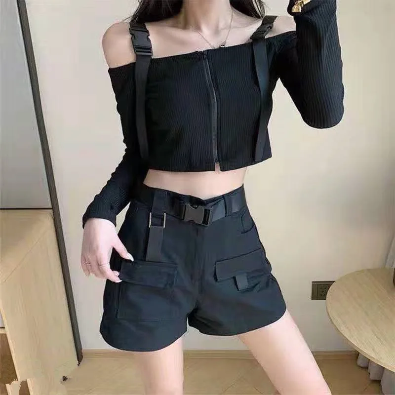 Женская футболка с длинным рукавом Трикотажная хлопковая черная короткая в