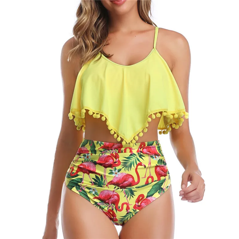 

2019 Ruffle Swimsuit Two Pieces Women Bikinis Mujer Swimming Bathing Suit Yellow Hairball Tankini Set With Short Swimwear