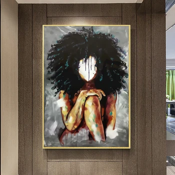 

Abstract African Black Woman Fluffy Hair Canvas Painting Posters and Print Wall Art Picture Cuadros for Living Room Decoration