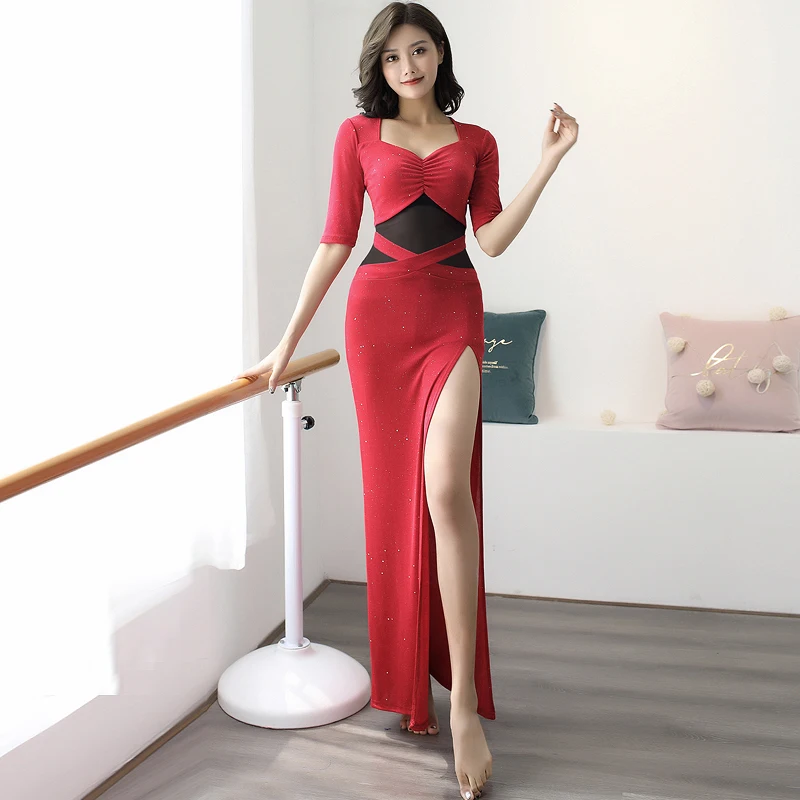 Лучшее качество для взрослых женщин Танец живота платье Сексуальная блесток Сплит Восточная практика танца живота платья для дам танцевальная одежда DL4590