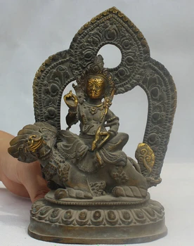 

7" Tibet Buddhism Bronze Gilt Vaishravana On Lion Protector Deity Buddha Statue S0705