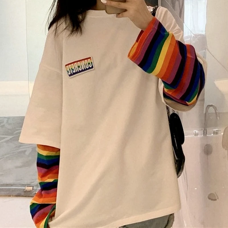 Qweek Rainbow Striped Long Sleeve T-shirt For Women 2021 Autumn Korean  Fashion White Tops Tee Shirt Female Kpop Alt Clothes - T-shirts - AliExpress