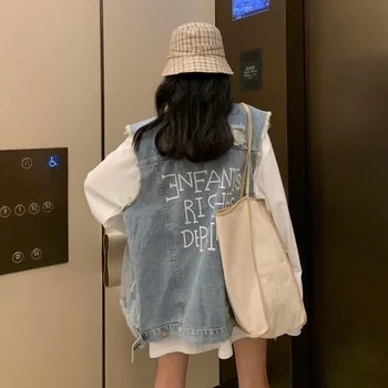

New 2020 Cowboy Vest Female Spring Autumn Loose Women Korean Wild Bf Harajuku Wind Tooling Sleeveless Jacket