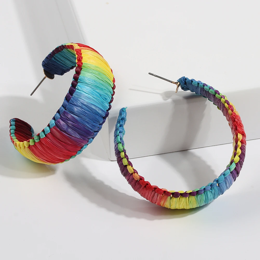 

Raffia Hoop Earrings for Women BigTrendy C Raffia Earring Boho Rainbow Lafite Hoop Earring Handmade Party Wedding Gift