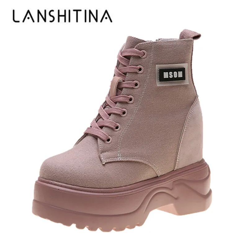 

Autumn Women's Ankle Boots Athletic Walking Ladies Canvas Boots 2019 High Platform Sneakers 10CM Wedges Heels Winter Boots Woman