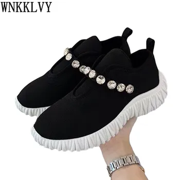 

2020 new thick sole casual shoes women flat round toe shiny rhinestone decor stretch sock shoes spring sneakers loafers female