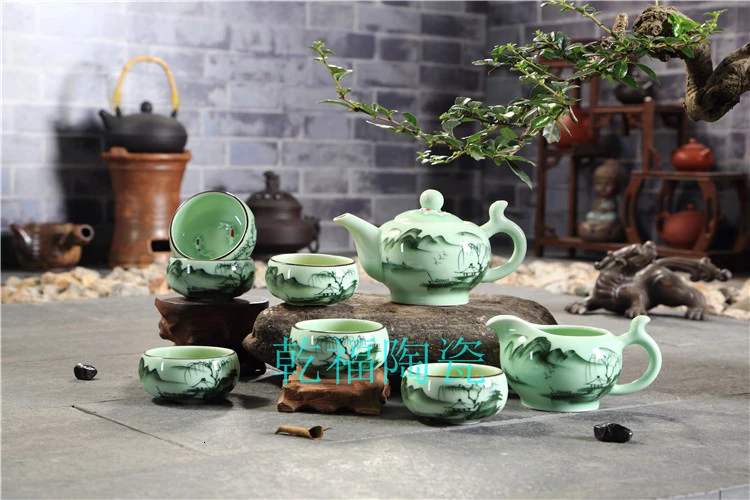 Кунг-фу чай есть костюм Celadon чай горшок ручной рельеф рыба чайная чашка Исин ярмарка чашка для церемонии пейзаж чайный сервиз