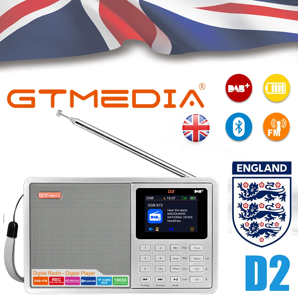 

GTMEDIA D2 Portable Radio FM Bluetooth DAB stereo with TFT-LCD color Display Alarm Clock Support Micro SD TF Card AUX input