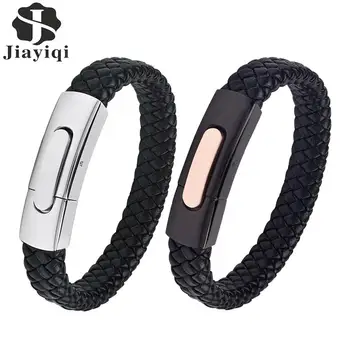 

Jiayiqi Punk Bracelet Men Black Braided Leather Bracelets Stainless Steel Charm Clasp Bangle Male Jewelry Wrist Accessories Gift