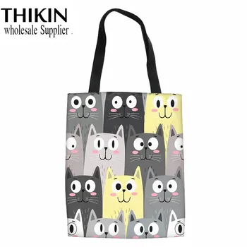 

THIKIN Kawaii Cartoon Cat Pattern Women Designer Canvas Tote Shopping Bag Reusable Foldable Shoulder Bag Cotton Student Book Bag