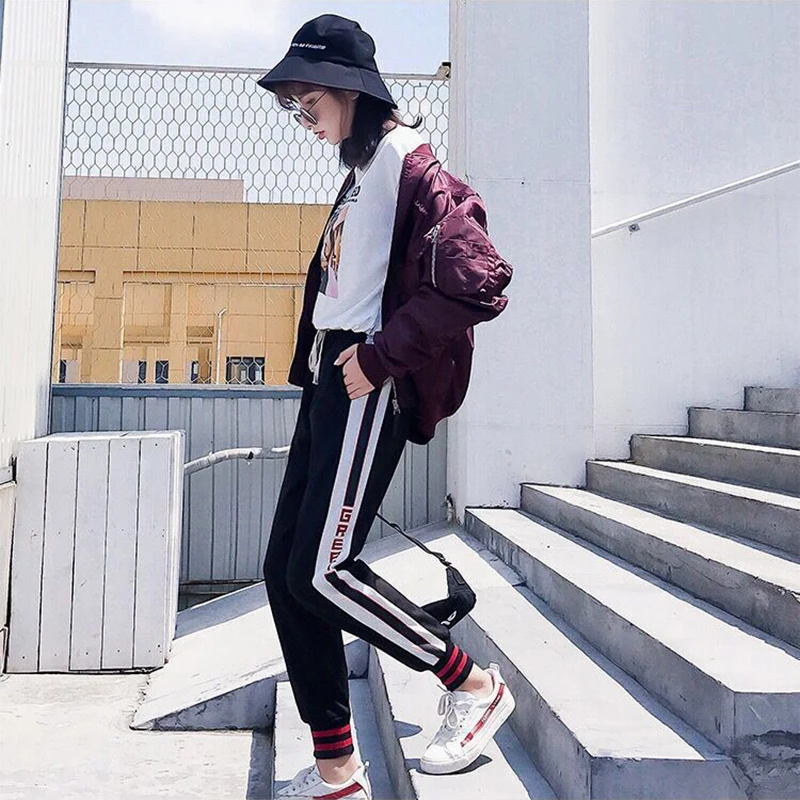 Штаны-шаровары; спортивные брюки; Pantalones Mujer; свободные брюки; ropa mujer; тонкие повседневные женские брюки в полоску с отстрочкой
