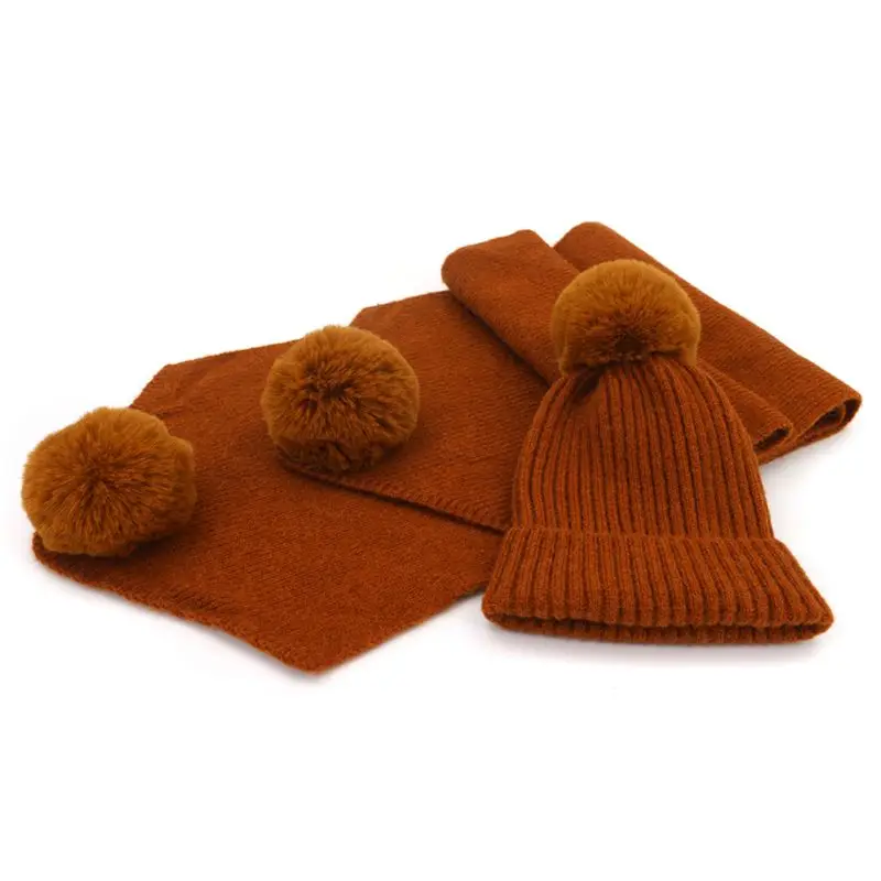 2 шт./компл. для взрослых и детей зимние вязаные из искусственной шерсти с пушистым помпоном шапка длинный шарф комплект D08E - Цвет: Children Caramel