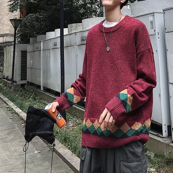 

Men's sweater 2019 autumn and winter new round neck loose sweater hit color jacquard sweater youth fashion trend men's clothing