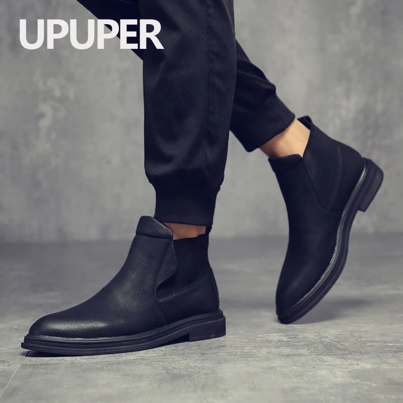 Модные черные зимние ботинки мужские плюшевые теплые челси из натуральной кожи