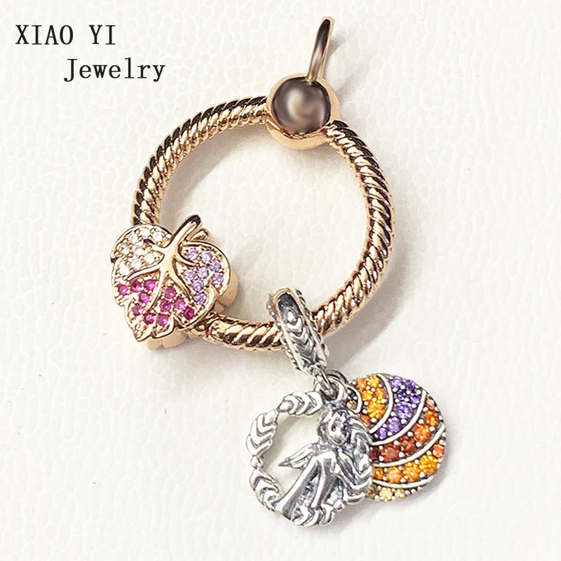 

XIAOYI jewelry 100% 925 Sterling Silver 1:1 pandoras magic forest rose gold leaf o-shaped chain beads female gift