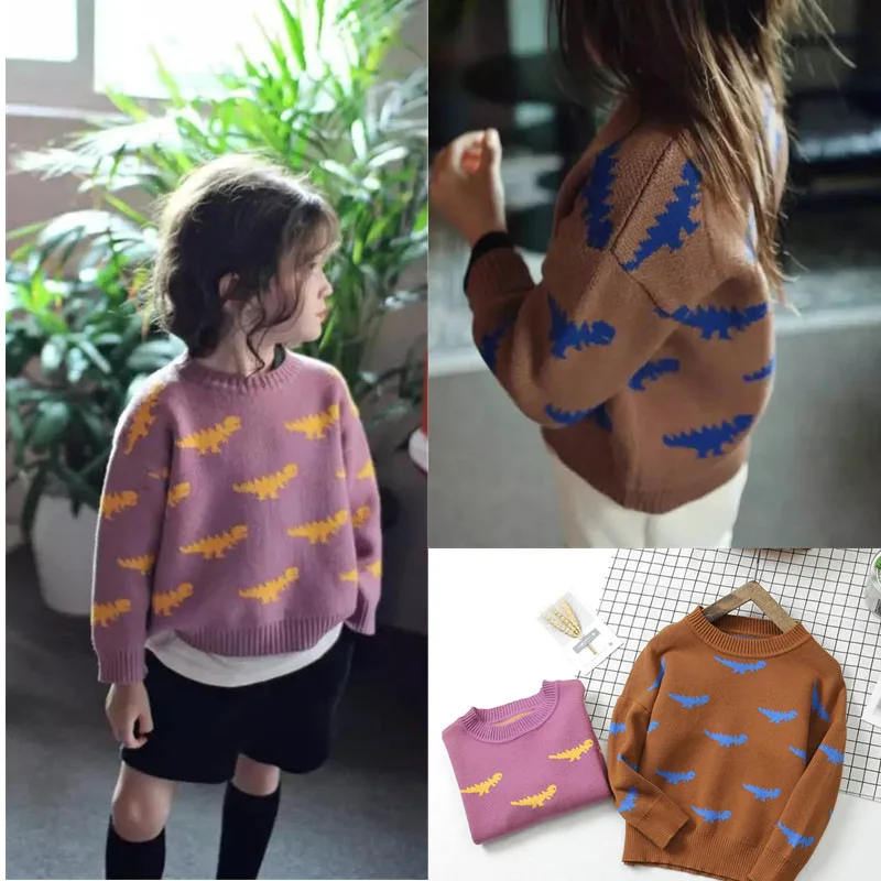 

INS Spring Children Thin Pullover Bat Sweater Dinosaur Pattern Soft Waxy Two-color Kids' Sweater Women's