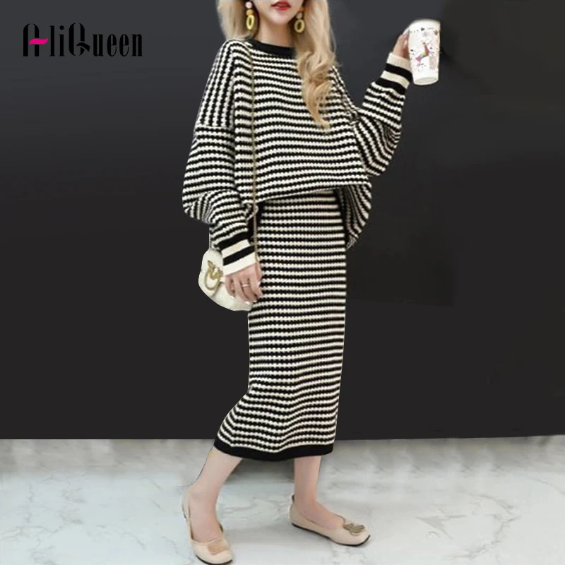 

2019 Autumn Women Knitted Sweater Suits Striped Loose Sweater Top+ Bodycon Slim Midi Skirts Set Female Casual 2 Pieces Outfits