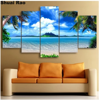 

5 pcs set Diamond Painting Palm Trees Blue Sky White Cloud Sea Scene Diamond Embroidery Full Square round drill Needlework,