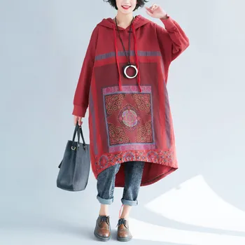 

2020 Spring Autumn Women Oversize Hooded Dress Loose Retro Casual Printed Plus Size Dress Cotton irregular Robe Pullovers G115