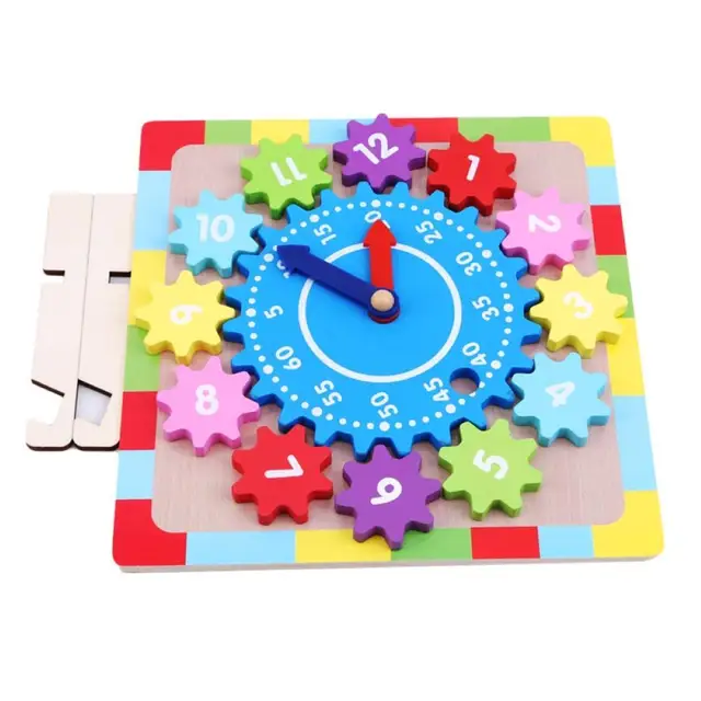 Montessori Kid Wooden Gear Block Multicolor Digital Clock Jigsaw Puzzle Toddler Early Education Cognition Interactive Toy 1