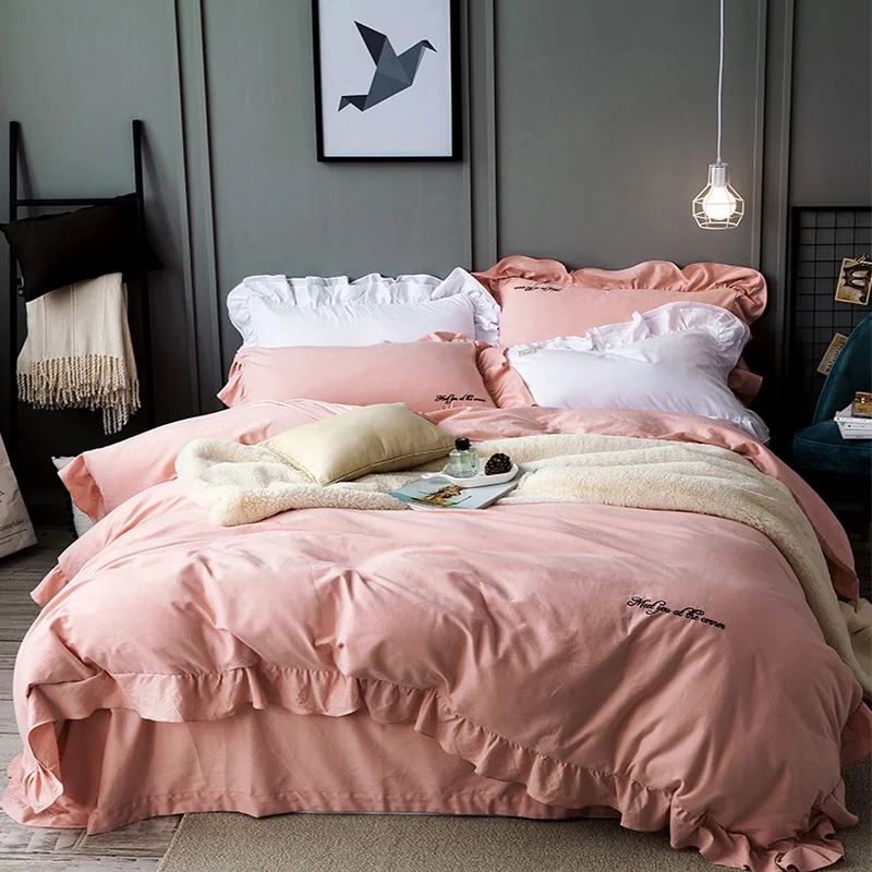 

New all cotton thickened frosted Korean four piece set of pure cotton simple embroidery bedspread Princess set
