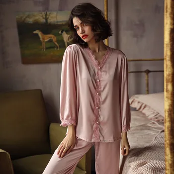 

Long Sleeve Spring New Homewear Pyjamas Sleep Set Lady Solid Pink Pajamas Suit Nightwear Satin Sexy Sleepwear Home Clothing