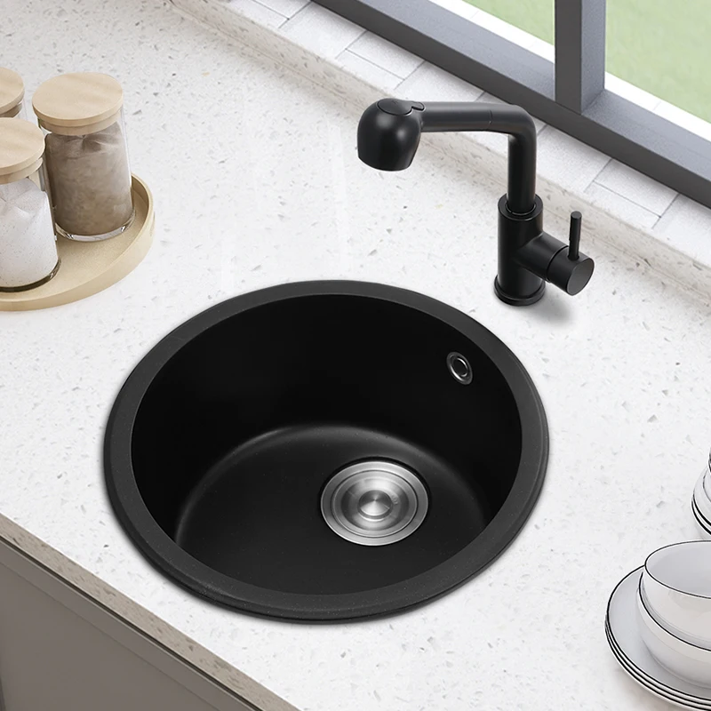 

Quartz Granite Composite Kitchen Sink Single Bowl Midnight Black Basin Undermount Round Bar Sink For Kitchen Fixture With Faucet